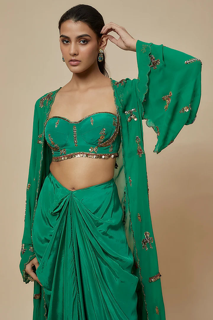 Green Crepe & Georgette Draped Skirt Set