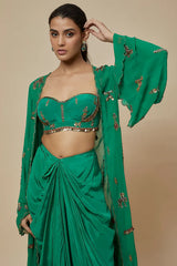 Green Crepe & Georgette Draped Skirt Set