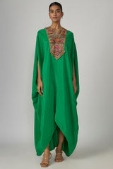 Green Crepe Hand Embroidered Cowl Kaftan