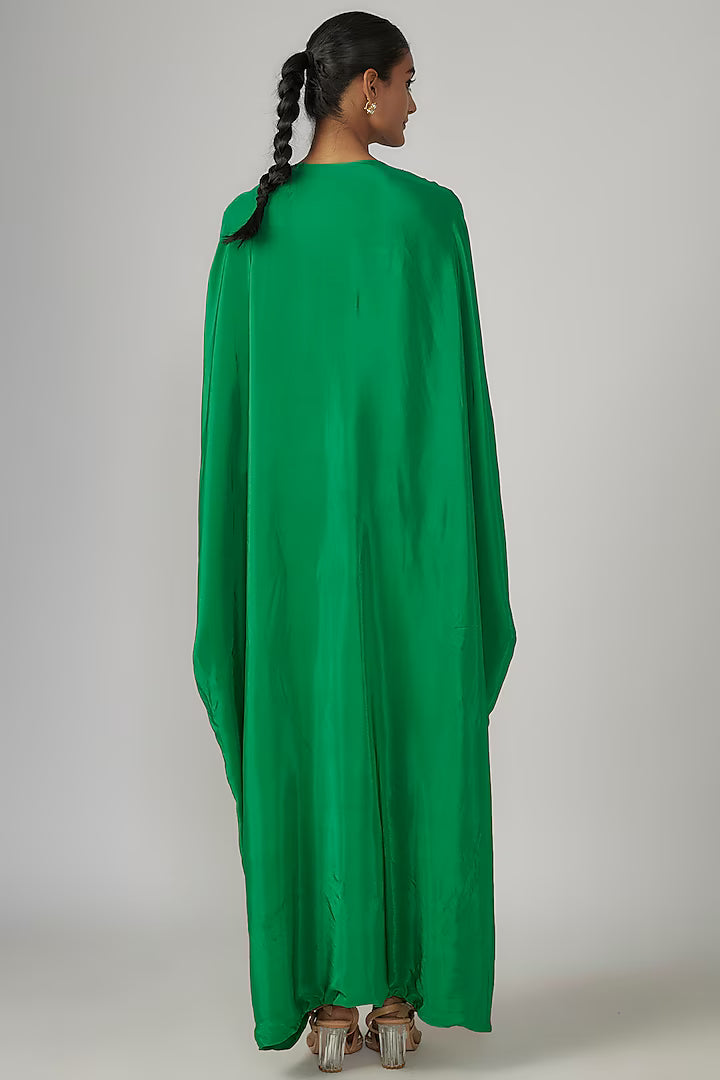 Green Crepe Hand Embroidered Cowl Kaftan