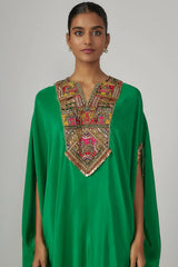 Green Crepe Hand Embroidered Cowl Kaftan