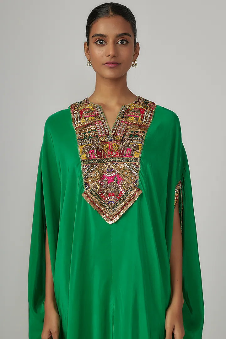 Green Crepe Hand Embroidered Cowl Kaftan