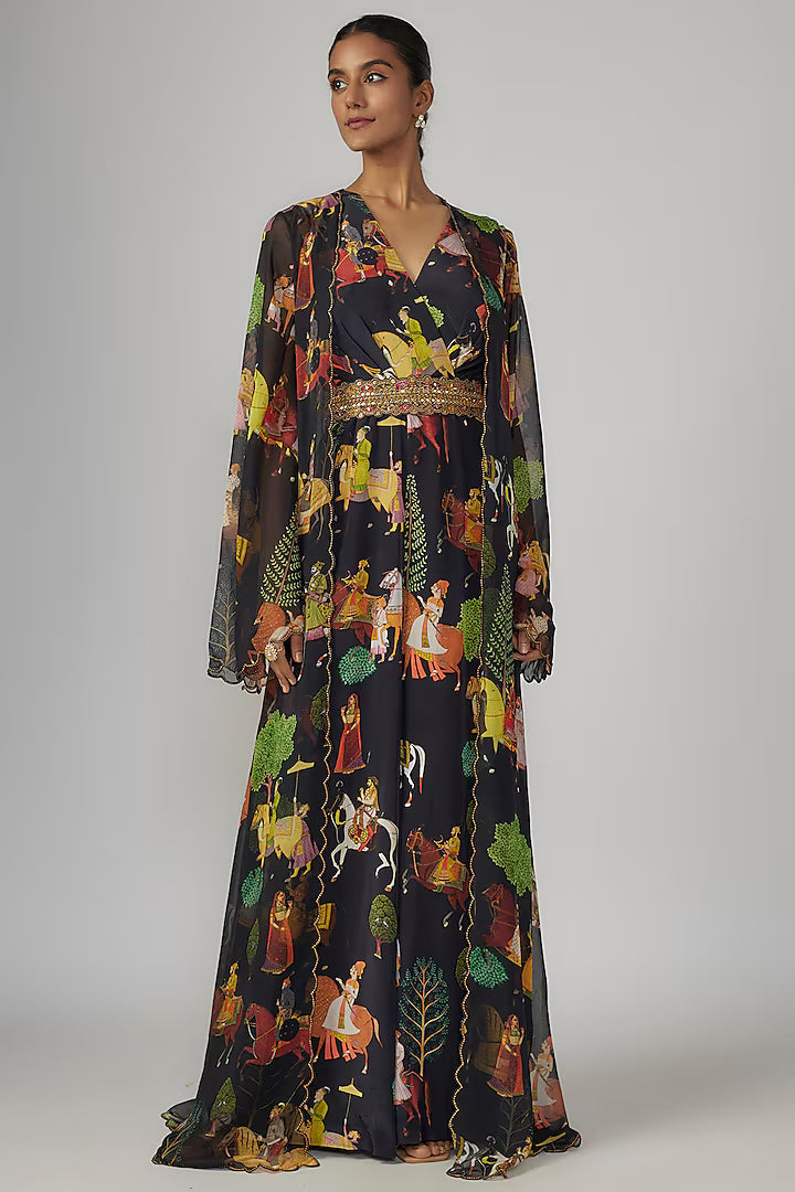 Black Crepe & Georgette Jumpsuit With Cape