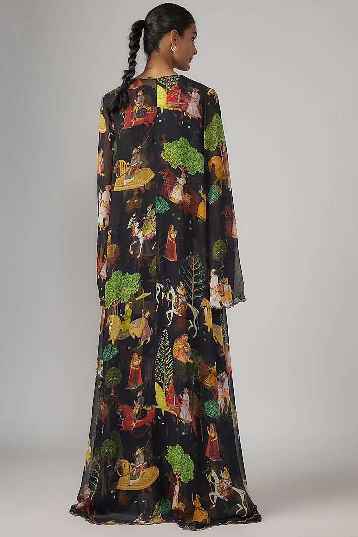 Black Crepe & Georgette Jumpsuit With Cape