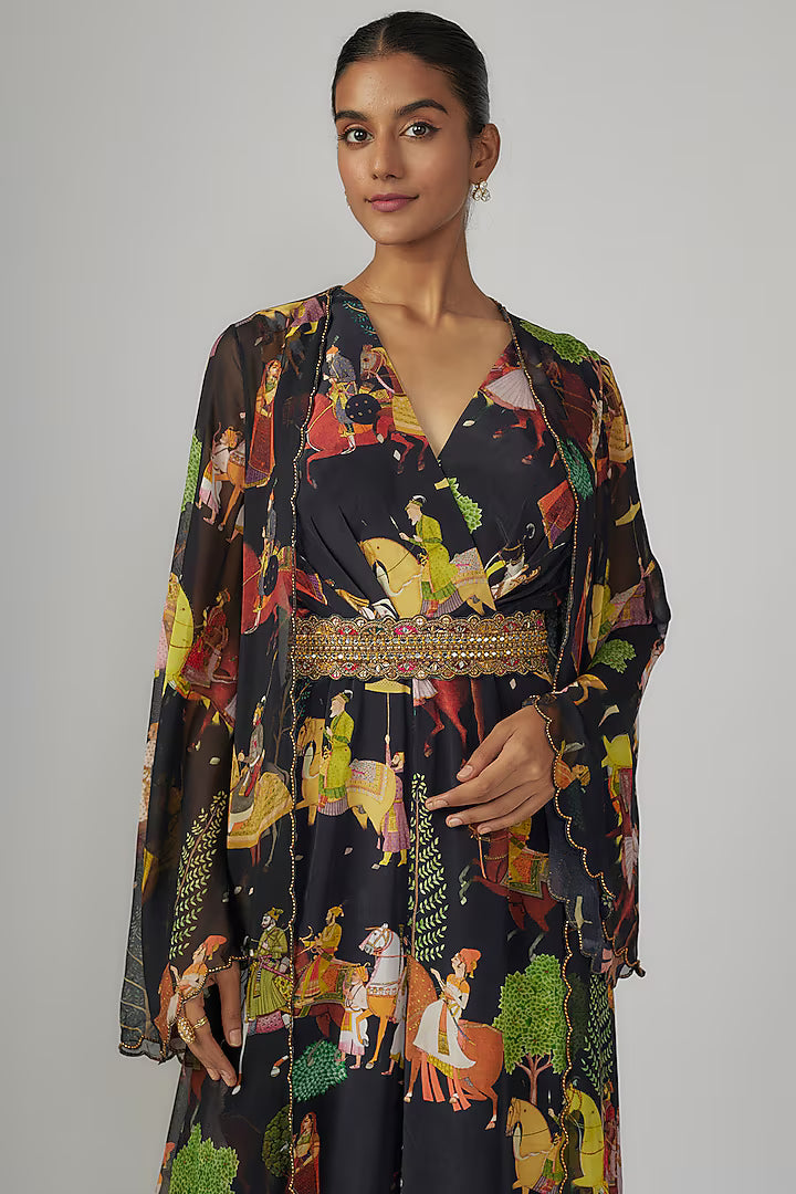 Black Crepe & Georgette Jumpsuit With Cape
