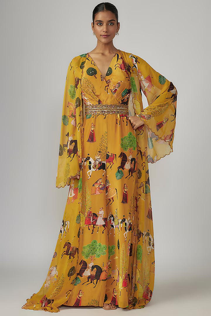 Yellow Crepe & Georgette Jumpsuit With Cape