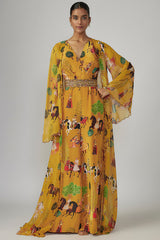 Yellow Crepe & Georgette Jumpsuit With Cape
