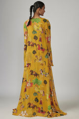 Yellow Crepe & Georgette Jumpsuit With Cape