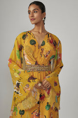 Yellow Crepe & Georgette Jumpsuit With Cape