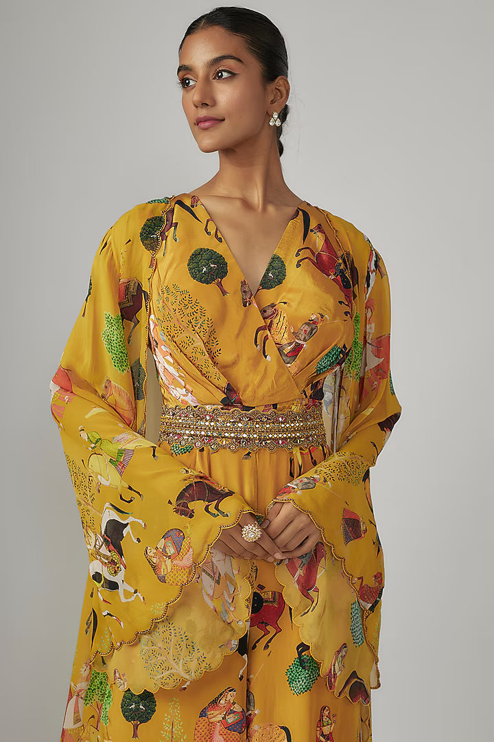 Yellow Crepe & Georgette Jumpsuit With Cape