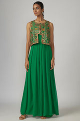 Green Chanderi & Georgette Jumpsuit With Jacket
