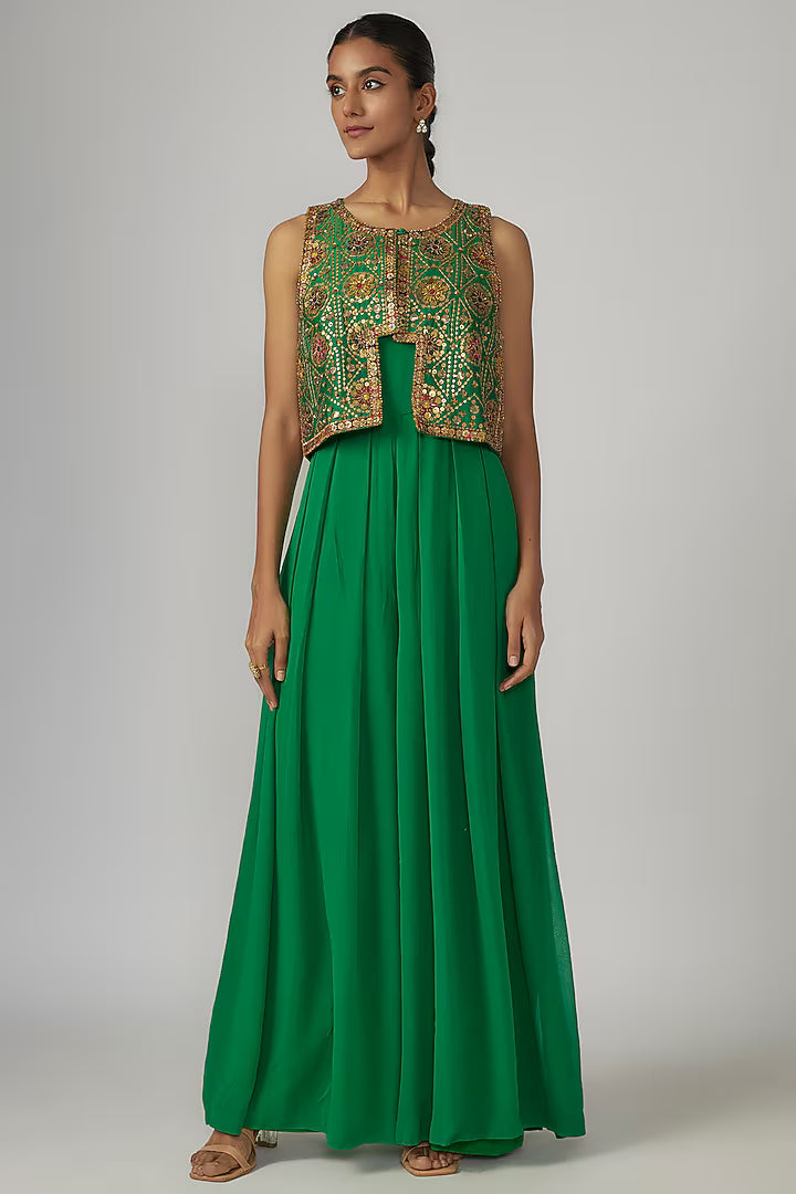 Green Chanderi & Georgette Jumpsuit With Jacket