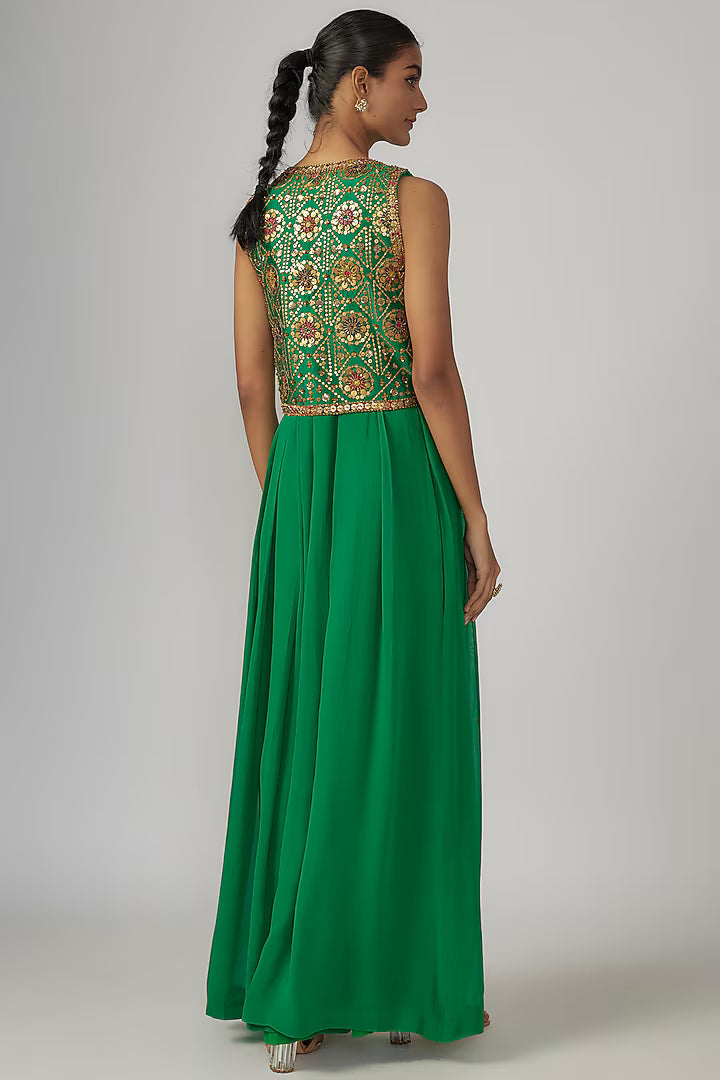 Green Chanderi & Georgette Jumpsuit With Jacket
