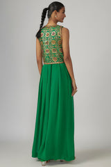 Green Chanderi & Georgette Jumpsuit With Jacket