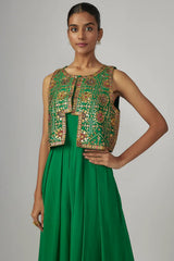 Green Chanderi & Georgette Jumpsuit With Jacket