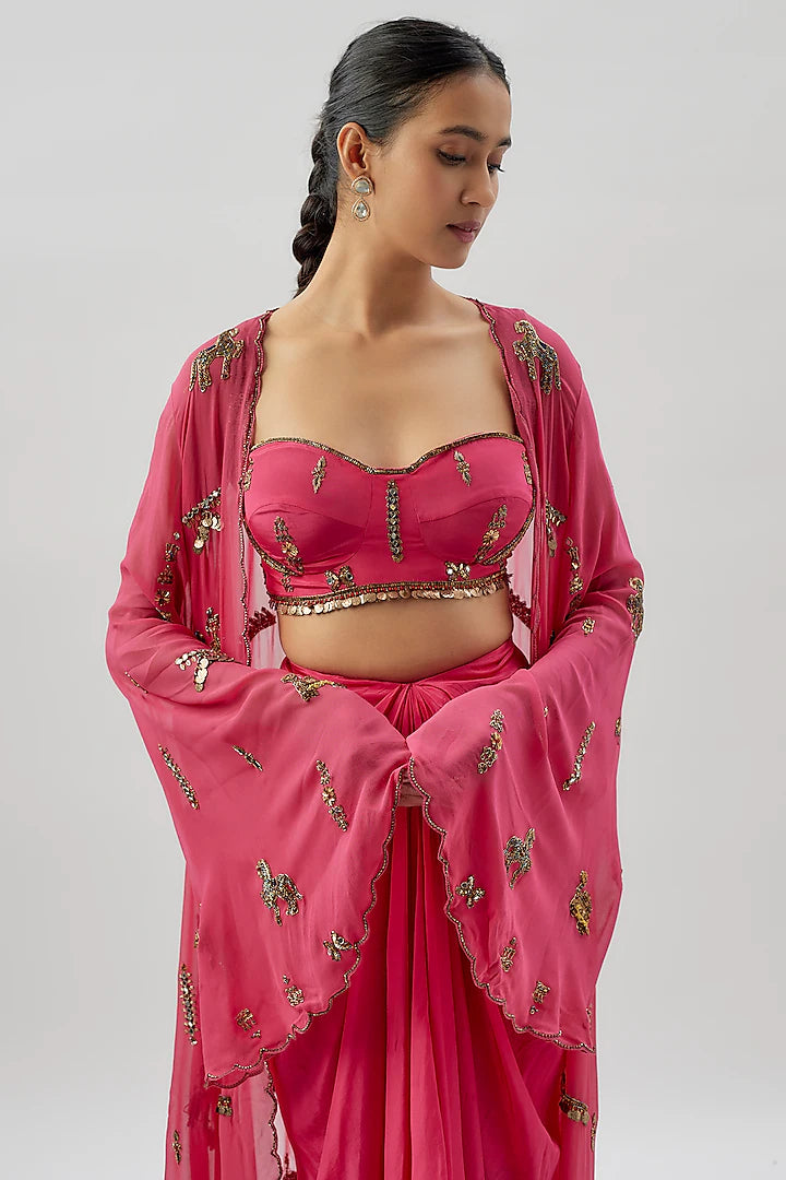 Pink Georgette Embellished Cape Set