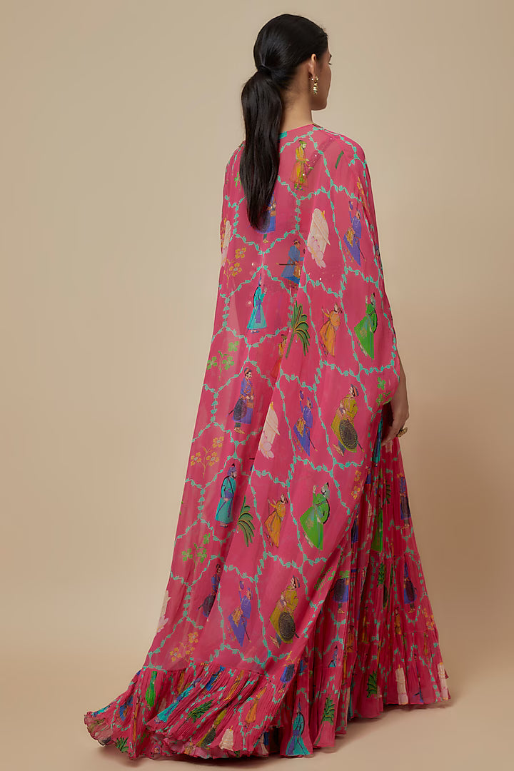 Pink Georgette Hand Embroidered Lehenga Set