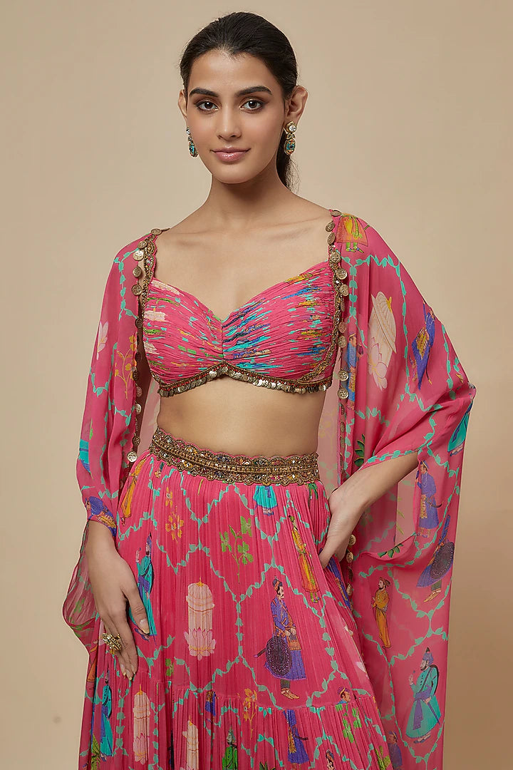 Pink Georgette Hand Embroidered Lehenga Set
