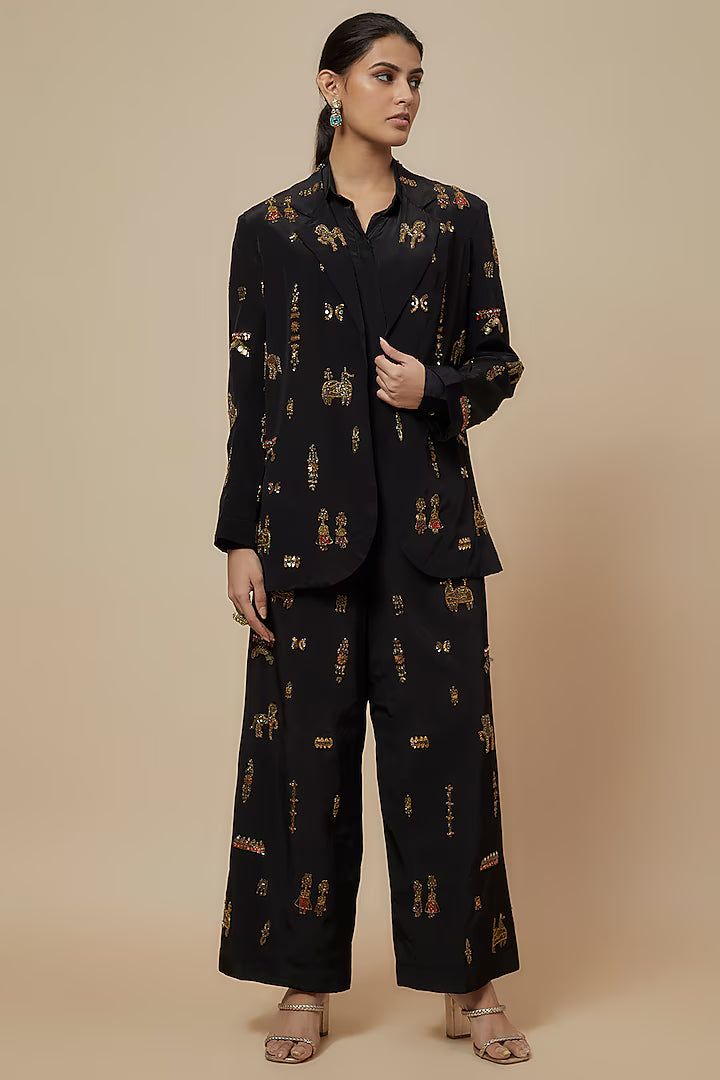Black Crepe Hand Embroidered Blazer Set