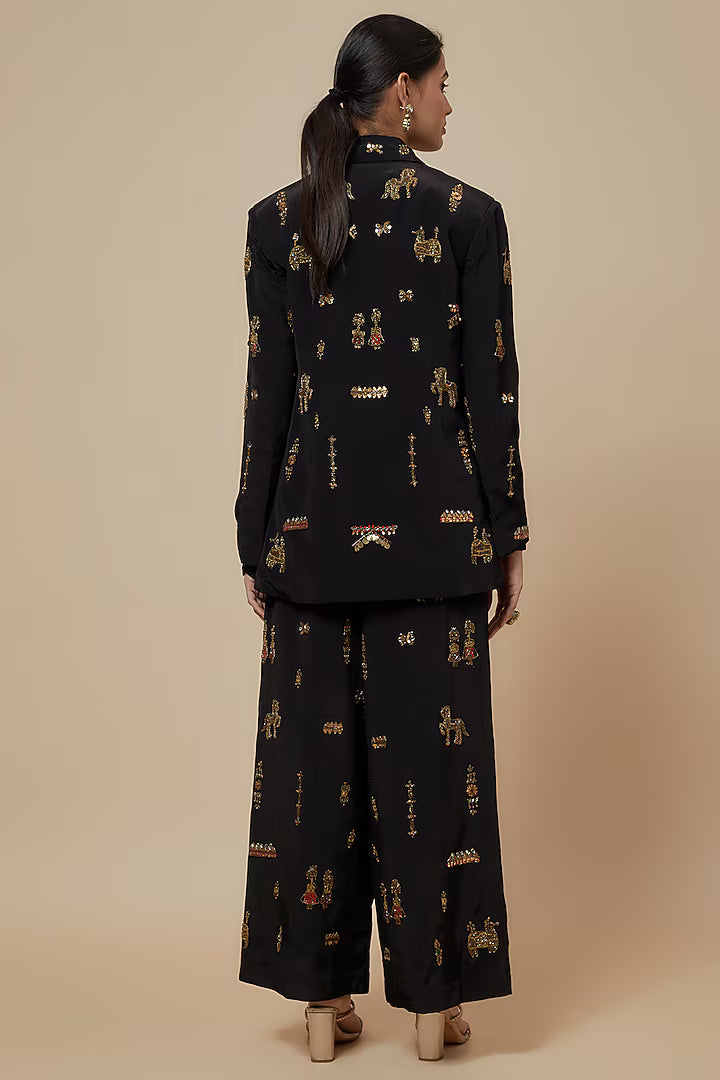 Black Crepe Hand Embroidered Blazer Set