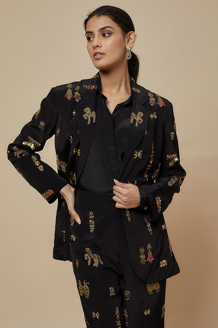 Black Crepe Hand Embroidered Blazer Set