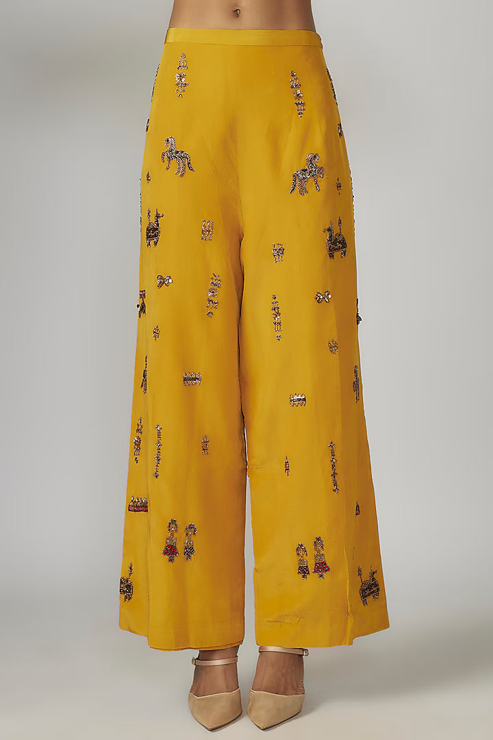 Yellow Crepe Hand Embroidered Pant Suit Set