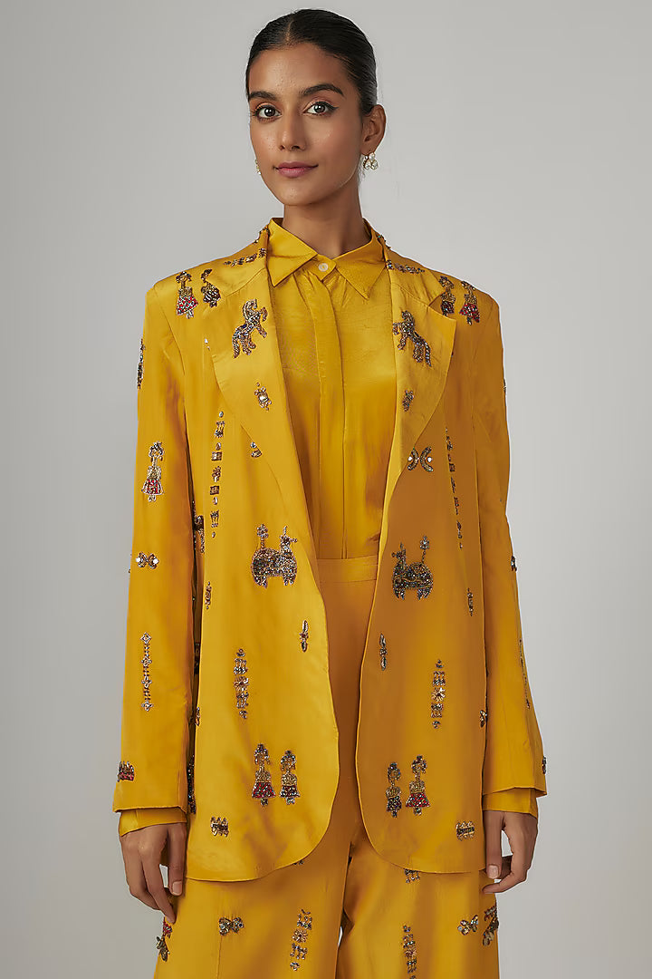 Yellow Crepe Hand Embroidered Pant Suit Set