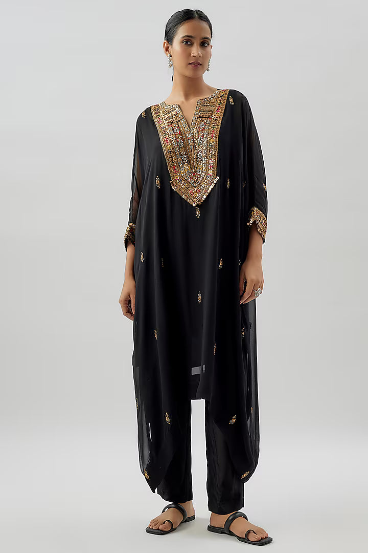Black Crepe & Georgette Hand Embroidered Kaftan Kurta Set