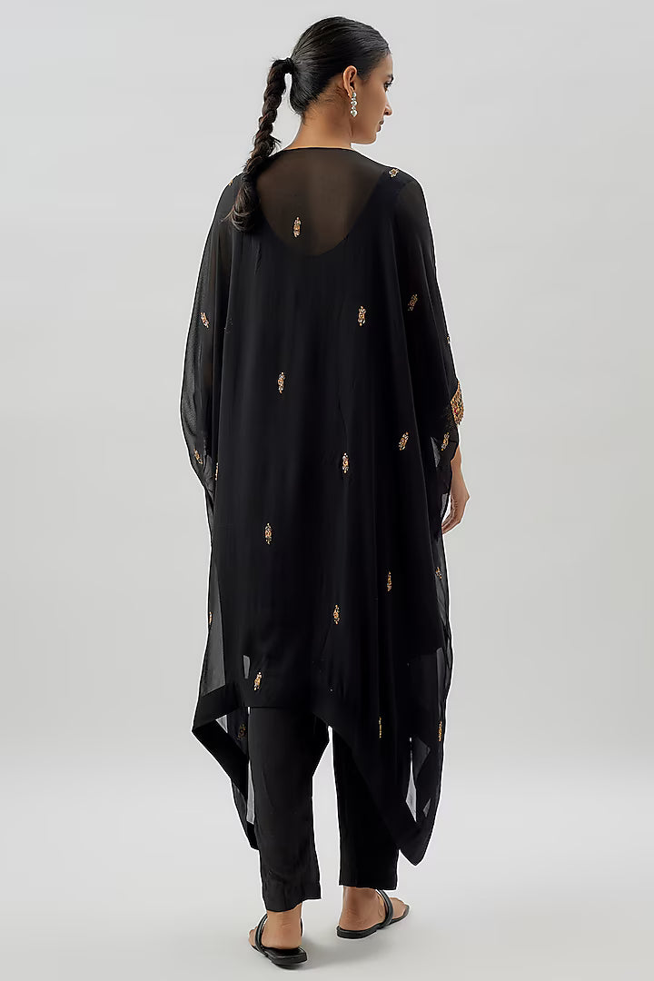 Black Crepe & Georgette Hand Embroidered Kaftan Kurta Set