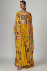 Yellow Crepe & Georgette Printed Cape Set
