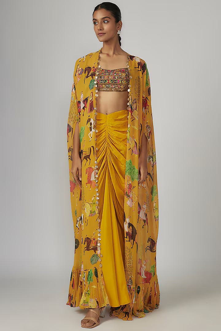 Yellow Crepe & Georgette Printed Cape Set