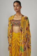 Yellow Crepe & Georgette Printed Cape Set