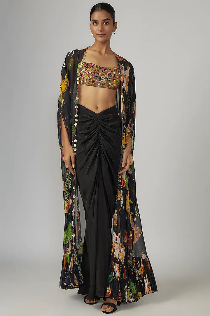 Black Crepe & Georgette Printed Cape Set