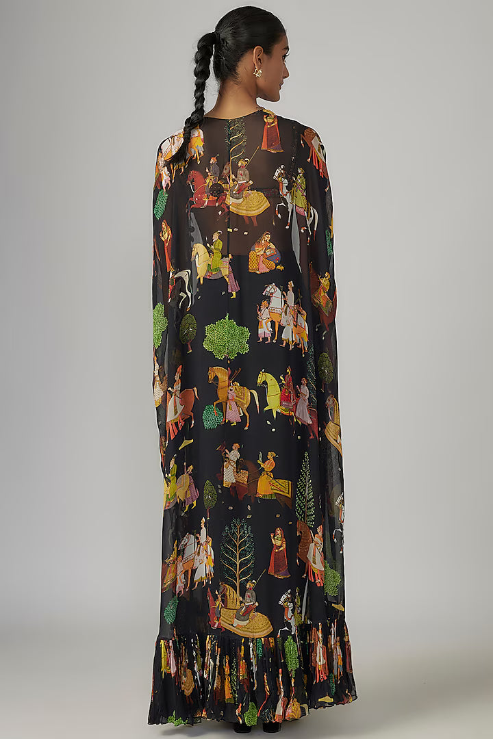 Black Crepe & Georgette Printed Cape Set