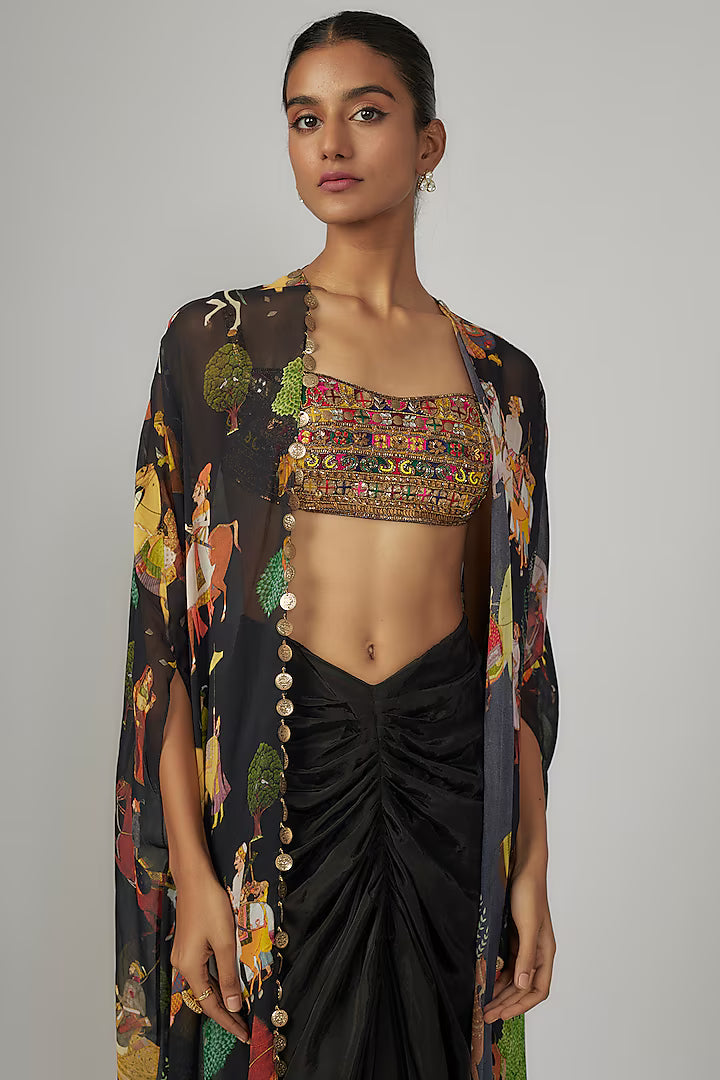 Black Crepe & Georgette Printed Cape Set