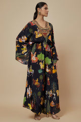 Black Crepe Printed & Hand Embroidered Kaftan Jumpsuit