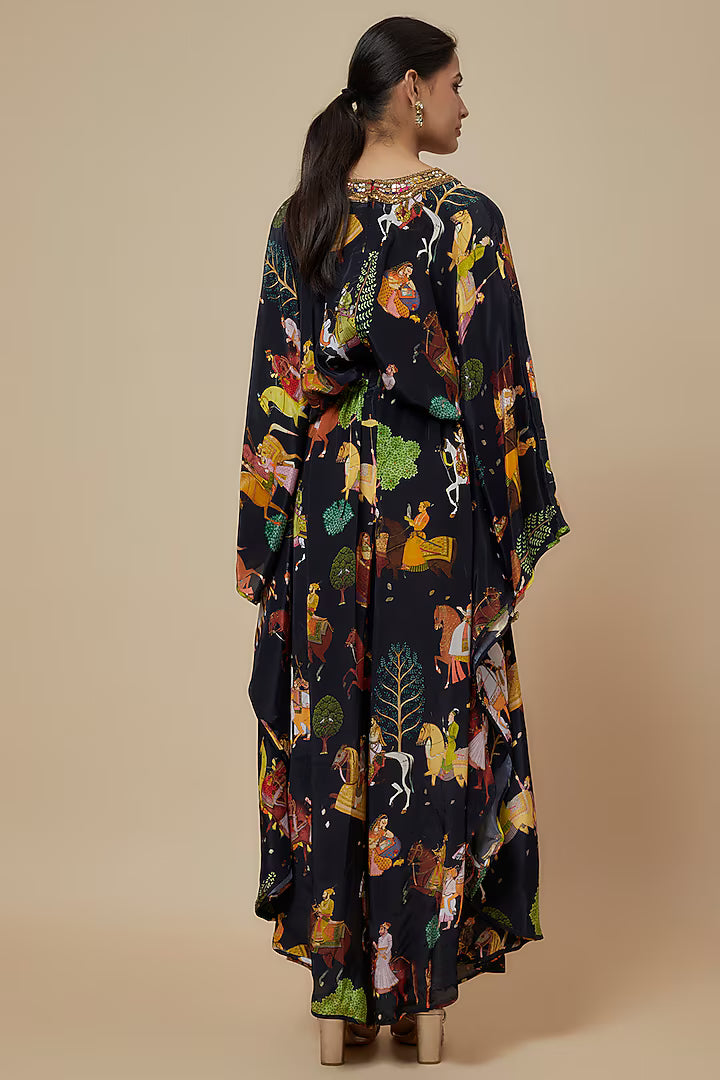 Black Crepe Printed & Hand Embroidered Kaftan Jumpsuit