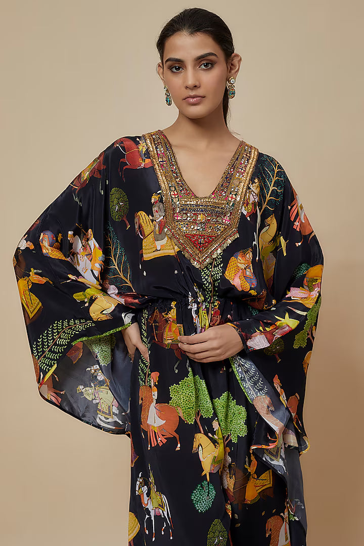 Black Crepe Printed & Hand Embroidered Kaftan Jumpsuit