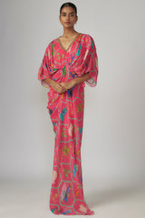 Pink Georgette Printed & Hand Embroidered Draped Dress