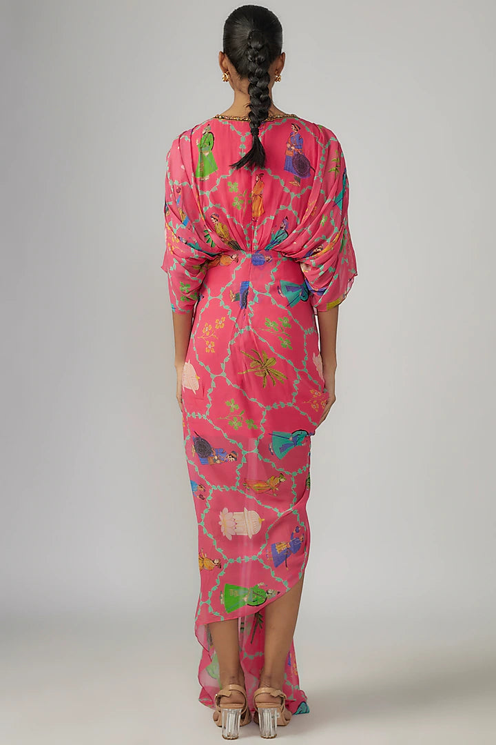 Pink Georgette Printed & Hand Embroidered Draped Dress
