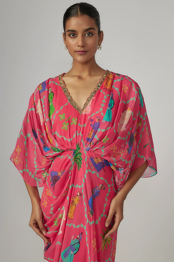 Pink Georgette Printed & Hand Embroidered Draped Dress