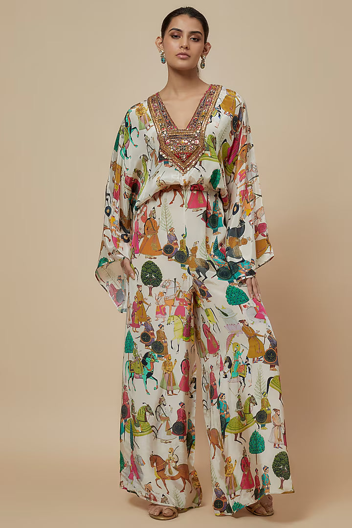 Ivory Crepe Printed & Hand Embroidered Kaftan Jumpsuit