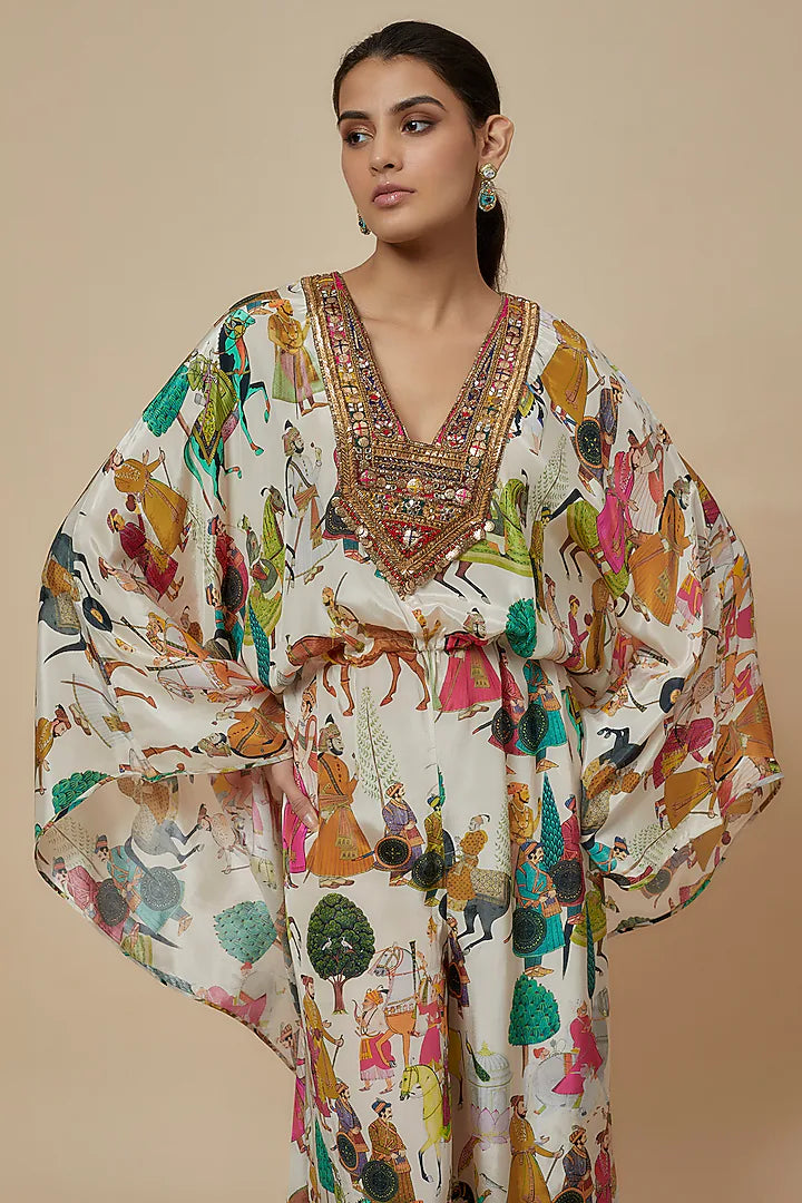 Ivory Crepe Printed & Hand Embroidered Kaftan Jumpsuit