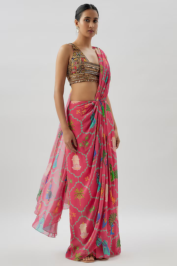 Pink Georgette Printed Draped Saree Set