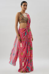 Pink Georgette Printed Draped Saree Set