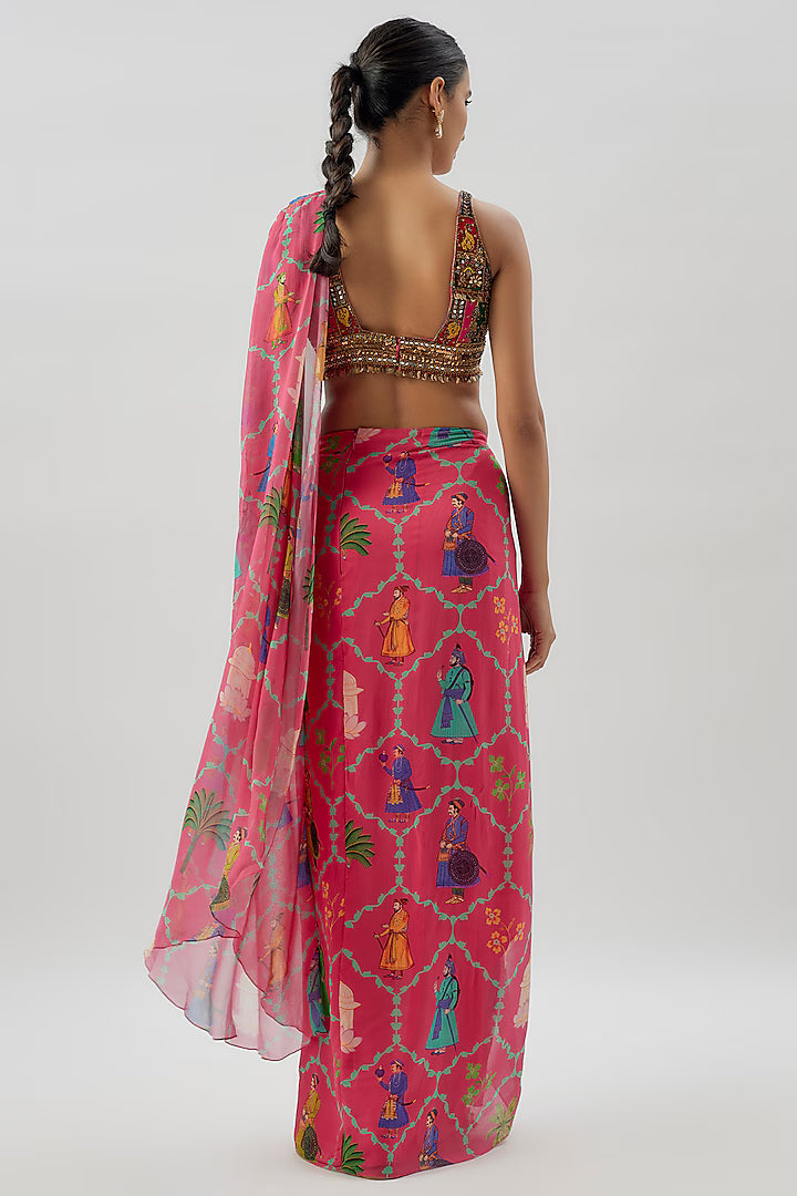 Pink Georgette Printed Draped Saree Set