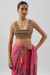Pink Georgette Printed Draped Saree Set