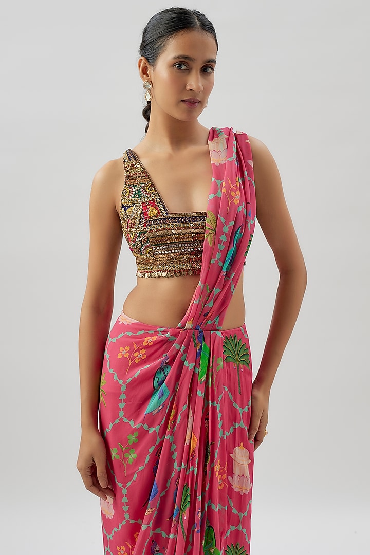 Pink Georgette Printed Draped Saree Set