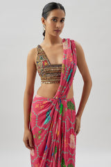 Pink Georgette Printed Draped Saree Set