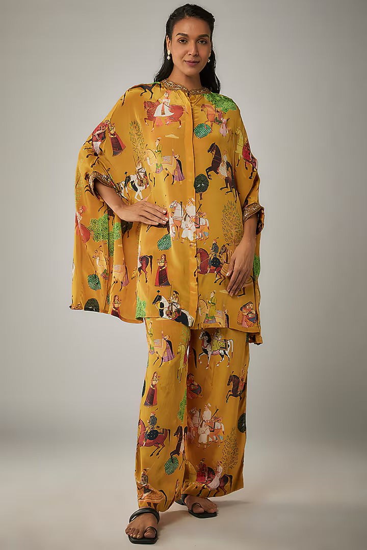 Mango Yellow Crepe Hand Embroidered Kaftan Set
